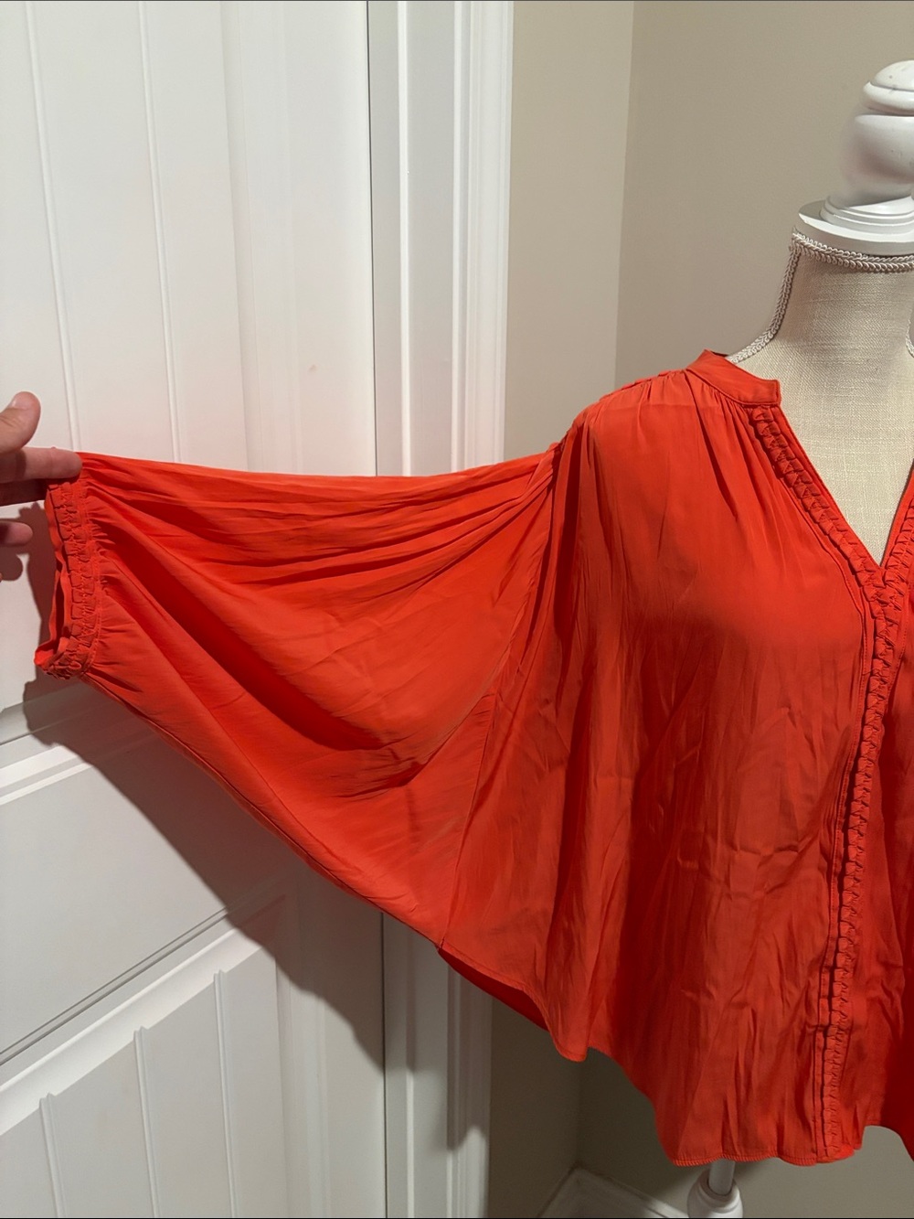 Chico's Bright Orange V-Neck Braided-Trim Blouse - Picture 4 of 9
